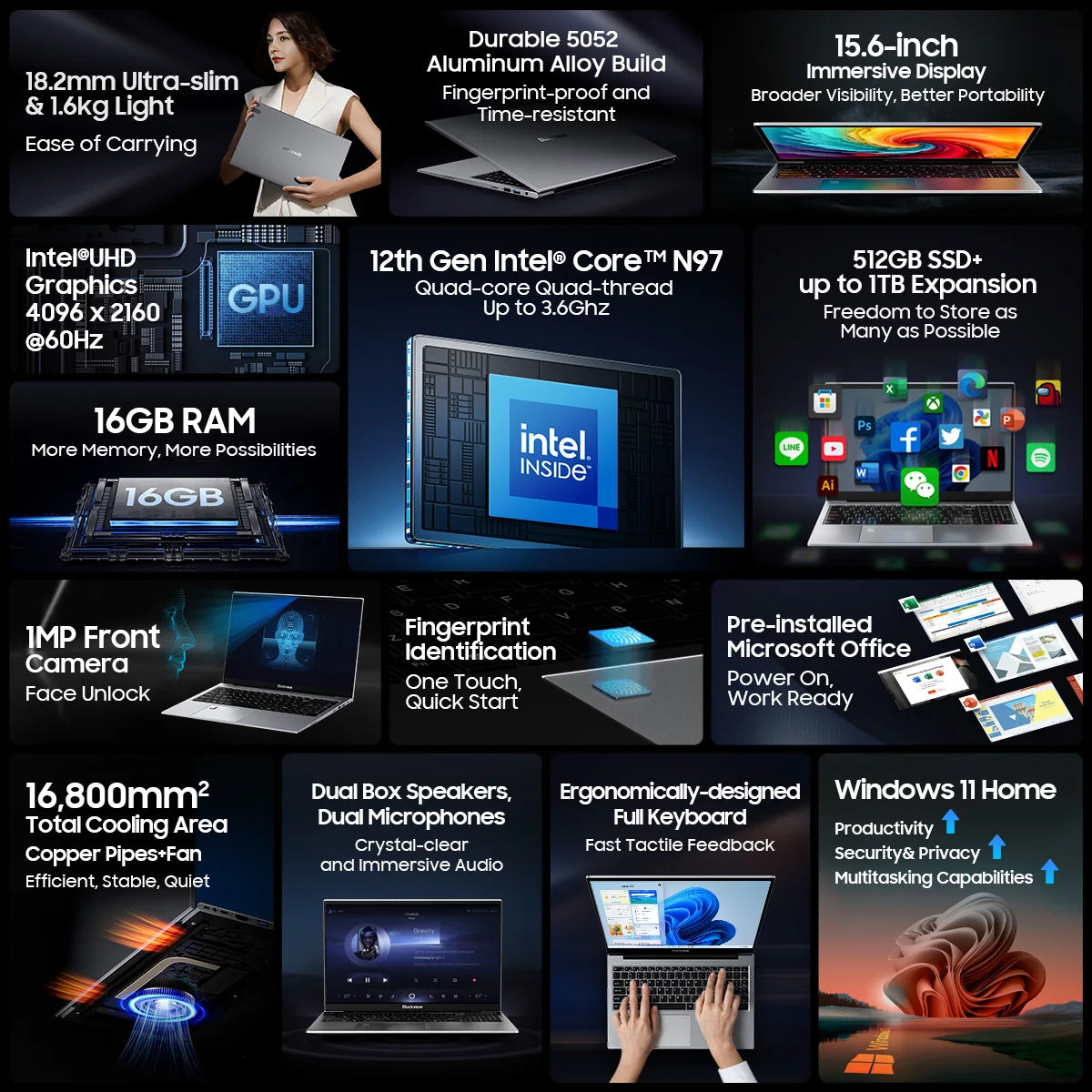 Blackview Acebook 8 Laptop 15.6'' Win 11 12th Gen Intel Core N97 processor 16GB DDR4 512GB SSD 5000mAh Battery with 36W Charge